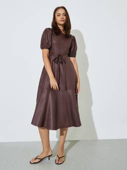 Styli - Women Brown Solid Round Neck A Line Midi Dress with Belt