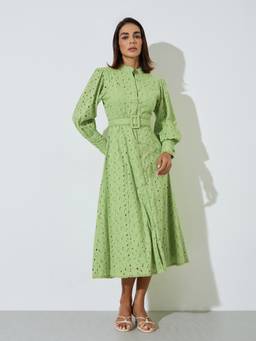 Styli - Women Green Schiffli Mandarin Neck A Line Midi Dress with Belt