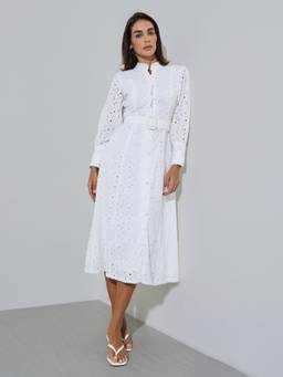 Styli - Women White Self Design Mandarin Neck A Line Midi Dress with Belt