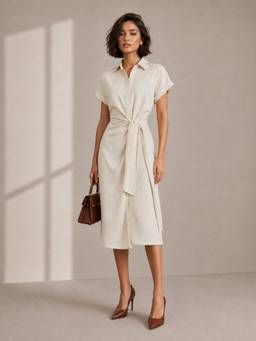 Styli - Women Cream Solid Collar Neck Half Sleeves A Line Midi Dress with Belt