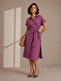 Styli - Women Pink Solid Collar Neck Half Sleeves A Line Midi Dress with Belt