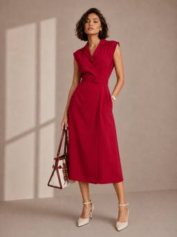 Styli - Women Red Solid Notched Neck Wrap Midi Dress with Belt