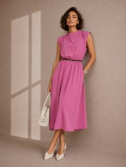 Styli - Women Pink Solid Round Neck Sleeveless A Line Midi Dress with Belt