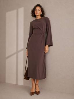 Styli - Women Brown Solid Round Neck Long Sleeve A Line Maxi Dress
