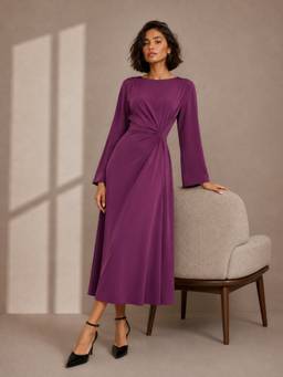 Styli - Women Purple Solid Round Neck Full Sleeves A Line Maxi Dress