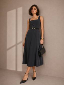 Styli - Women Black Solid Square Neck A Line Midi Dress with Waist Belt