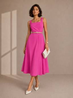 Styli - Women Pink Solid Square Neck A Line Midi Dress with Waist Belt
