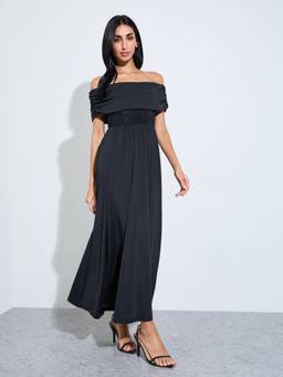 Styli - Women Black Floral Lace Off Shoulder Half Sleeves A Line Maxi Dress