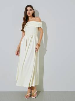 Styli - Women Cream Floral Lace Off Shoulder Half Sleeves A Line Maxi Dress