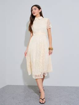 Styli - Women Cream Lace Collar Neck Short Sleeves A Line Midi Dress