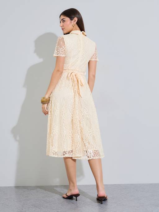 cream lace knee length dress Buy Styli Women Collar Neck Short Sleeves A Line Midi (S) Online A line