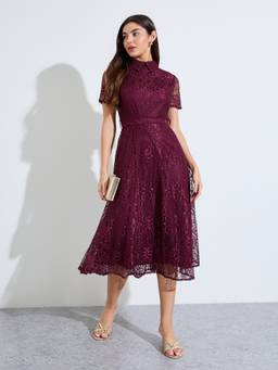 Styli - Women Maroon Lace Collar Neck Short Sleeves A Line Midi Dress