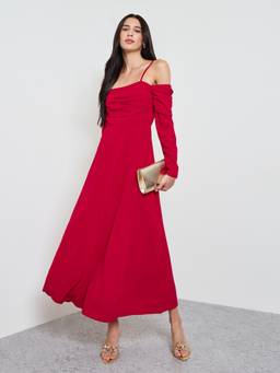 Styli - Women Red Solid Full Sleeves Cold Shoulder A Line Maxi Dress