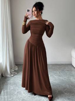 Styli - Women Brown Solid Boat Neck Long Sleeves A Line Maxi Dress