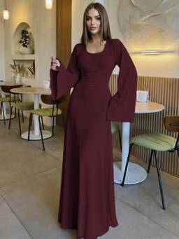 Styli - Women Burgundy Solid Scoop Neck Long Sleeves A Line Maxi Dress