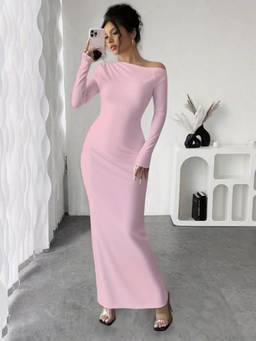 Styli - Women Pink Solid Asymmetric Neck Full Sleeves Bodycon Maxi Dress
