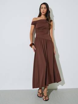 Styli - Women Brown Solid Off Shoulder Short Sleeve A Line Maxi Dress