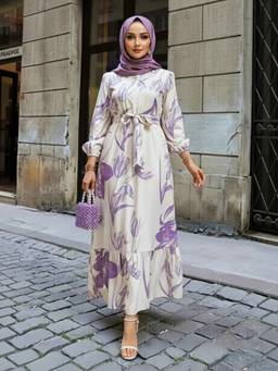 Styli - Women Off White Floral Print Round Neck A Line Maxi Dress With Belt