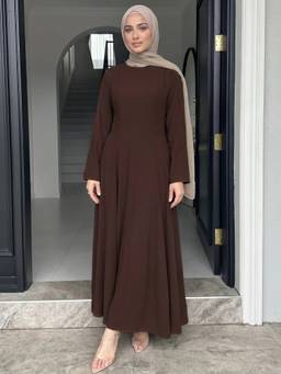 Styli - Women Brown Solid Round Neck Long Sleeves A Line Maxi Dress