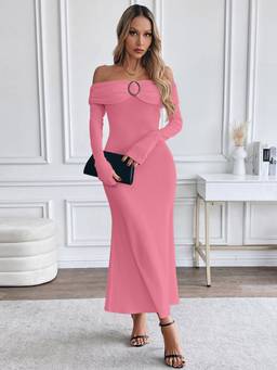 Styli - Women Pink Solid Off Shoulder Long Sleeve Bodycon Maxi Dress