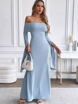 Styli - Women Blue Solid Off Shoulder Cape Sleeves Mermaid Maxi Dress