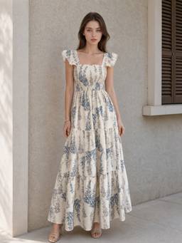 Styli - Women Off White Floral Print Sleeveless Tiered Maxi Dress