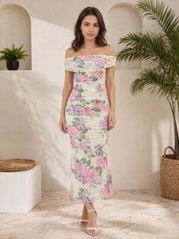 Styli - Women Cream Floral Print Off Shoulder Bodycon Midi Dress