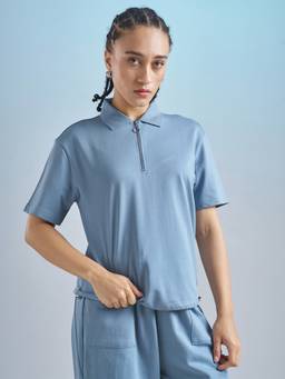 TOKYO TALKIES - Blue Pure Cotton Collar Neck Solid/Plain Regular Fit Polo T-shirt