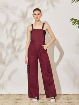 Miss Chase - Womens Maroon Sleeveless Solid Full Length Cotton Dungaree