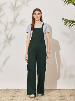 Miss Chase - Women Bottle Green Solid Wide Leg Cotton Dungaree