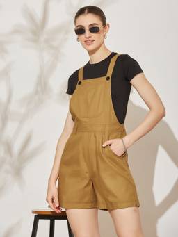 Miss Chase - Womens Mustard Square Solid Dugaree Mini Cotton Dungaree