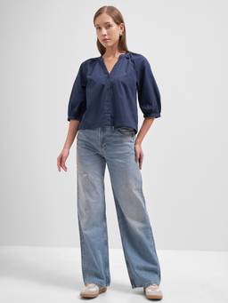 TOKYO TALKIES - Navy Blue Pure Cotton Mandarin Neck Solid/Plain Regular Fit Top