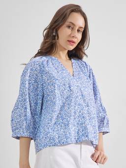 TOKYO TALKIES - Blue Pure Cotton Mandarin Neck Printed Regular Fit Top