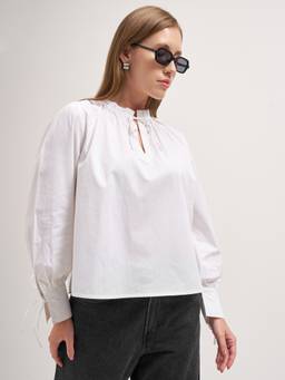 TOKYO TALKIES - White Pure Cotton Tie Up Neck Solid/Plain Regular Fit Top
