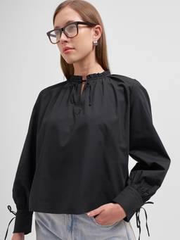 TOKYO TALKIES - Black Pure Cotton Tie Up Neck Solid/Plain Regular Fit Top