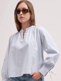 TOKYO TALKIES - White Pure Cotton Tie Up Neck Stripes Regular Fit Top