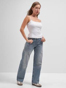 TOKYO TALKIES - White Cotton Blend Shoulder Straps Solid/Plain Slim Fit Tank Top