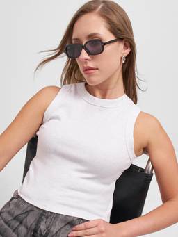 TOKYO TALKIES - White Cotton Blend Round Neck Solid/Plain Slim Fit Top