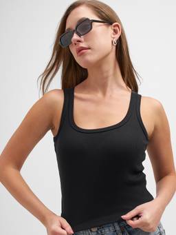 TOKYO TALKIES - Black Cotton Blend Square Neck Solid/Plain Slim Fit Tank Top