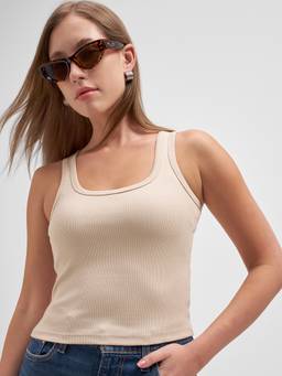 TOKYO TALKIES - Beige Cotton Blend Square Neck Solid/Plain Slim Fit Tank Top