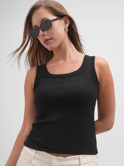 TOKYO TALKIES - Black Cotton Blend Square Neck Solid/Plain Slim Fit Tank Top