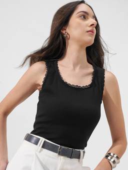 TOKYO TALKIES - Black Cotton Blend Round Neck Solid/Plain Slim Fit Tank Top