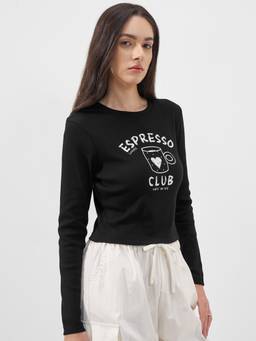 TOKYO TALKIES - Black Cotton Blend Round Neck Printed Slim Fit Top