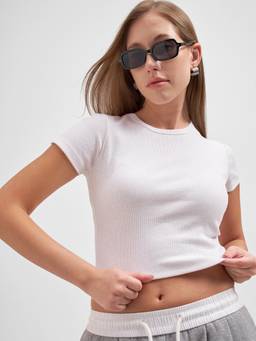 TOKYO TALKIES - White Cotton Blend Round Neck Solid/Plain Slim Fit Crop Top