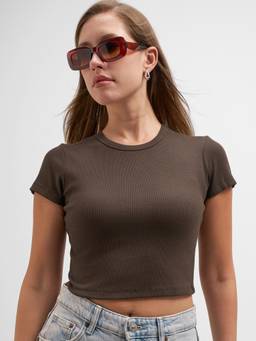 TOKYO TALKIES - Brown Cotton Blend Round Neck Solid/Plain Slim Fit Crop Top