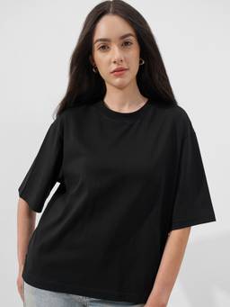 TOKYO TALKIES - Black Pure Cotton Round Neck Solid/Plain Relaxed Fit T-shirt