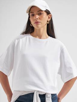TOKYO TALKIES - White Pure Cotton Round Neck Solid/Plain Relaxed Fit T-shirt
