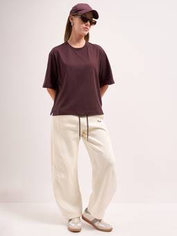 TOKYO TALKIES - Maroon Pure Cotton Round Neck Solid/Plain Relaxed Fit T-shirt