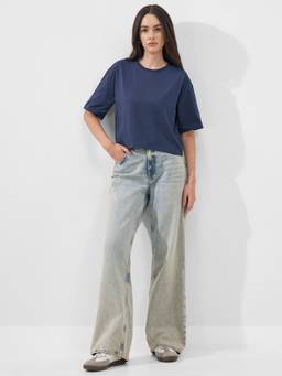 TOKYO TALKIES - Blue Pure Cotton Round Neck Solid/Plain Boxy Fit T-shirt