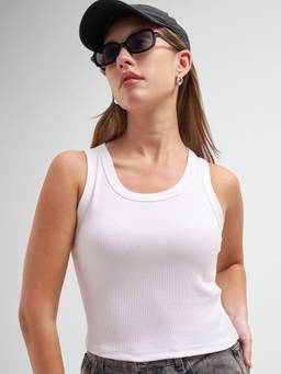 TOKYO TALKIES - White Cotton Blend Round Neck Solid/Plain Slim Fit Tank Top